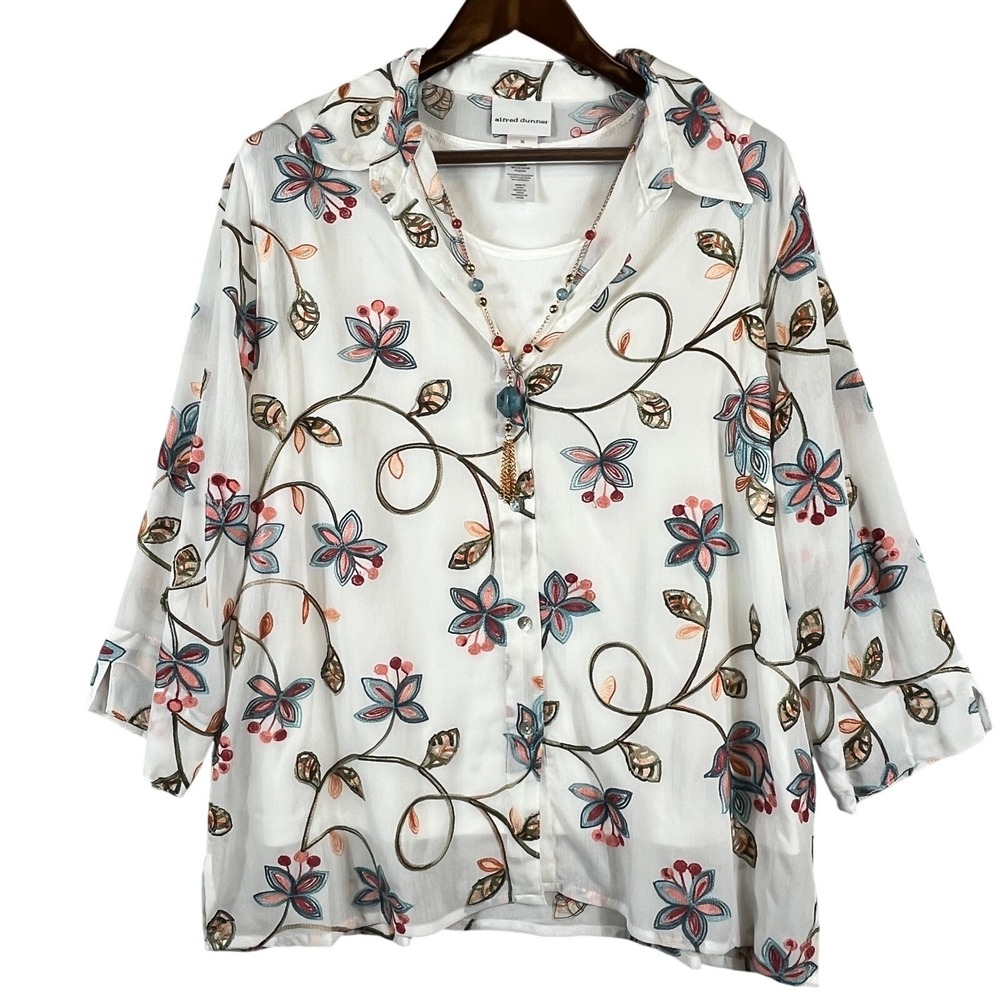 Alfred Dunner Womens XL Embroidered Sheer Floral Blouse Attached Tank Necklace